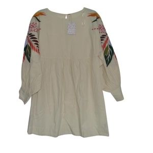 Free People Floral Puff Sleeve Embroidered Mini Dress, Cream M